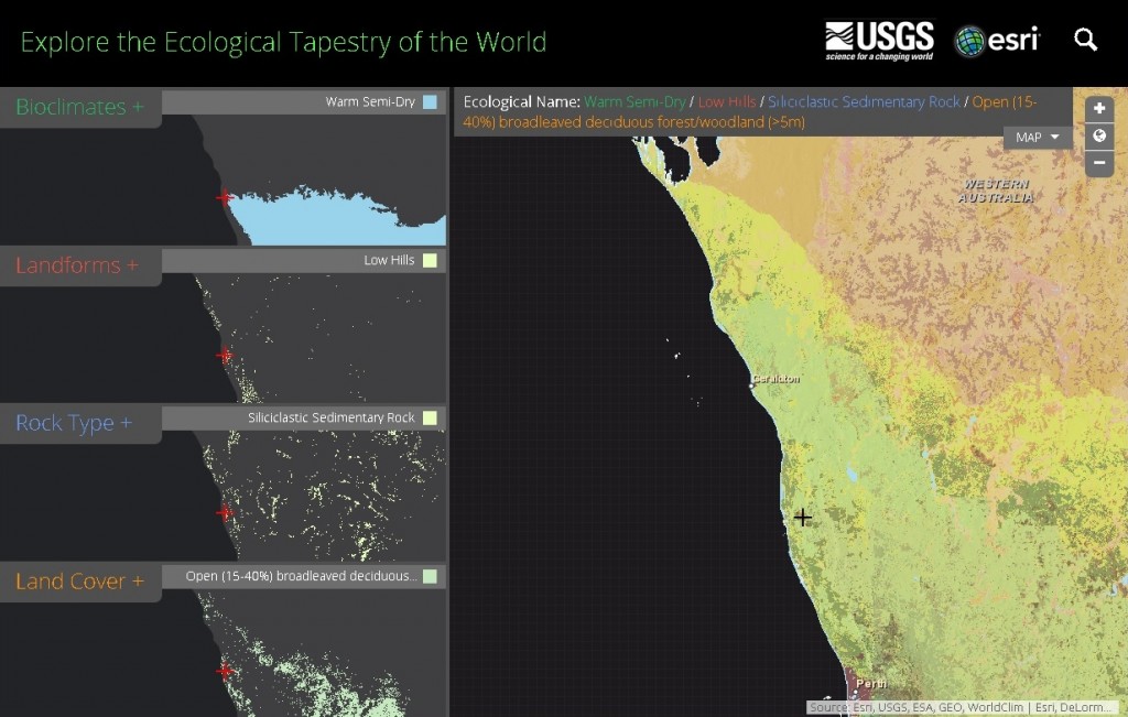 Ecological Tapestry of the World online explorer application - See more at: http://blogs.esri.com/esri/esri-insider/2014/12/09/the-first-detailed-ecological-land-unitsmap-in-the-world/#sthash.XzoETPB1.dpuf