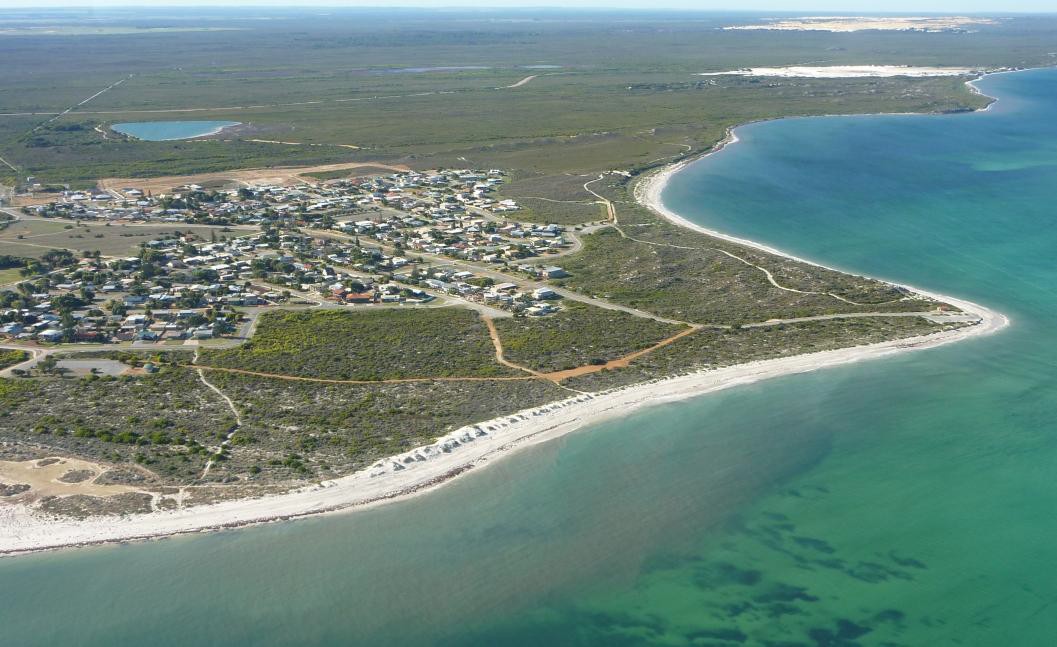 aerial photo of Cervantes demonstrating the low lying sandy nature of coastal landforms along the Central Coast