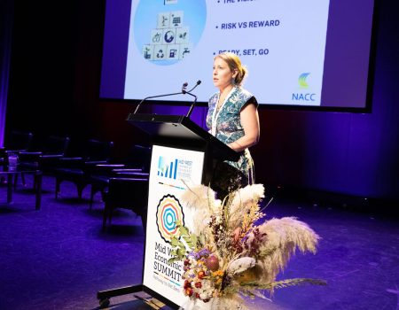 CEO Katherine Allen speaking at the 2023 Midwest Economic Summit, June 2023